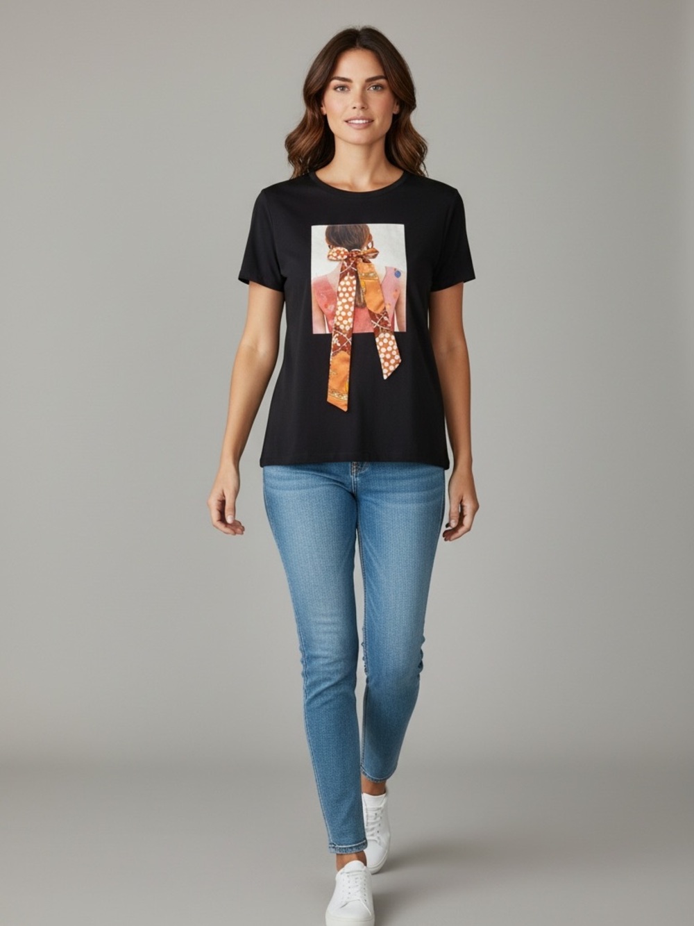 SHEIN Black Short Sleeve Tee with Orange Scarf Graphic